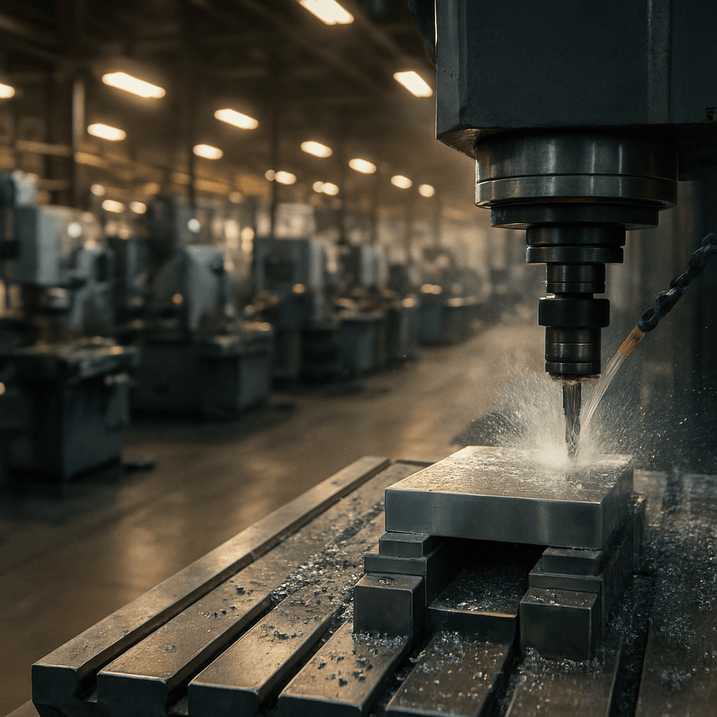 Custom-manufacturing machine shop floor with CNC machinery